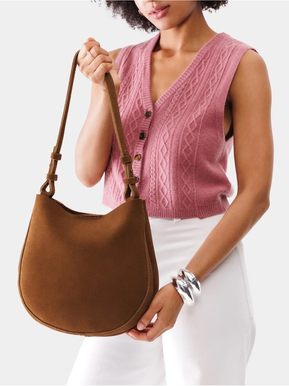 Portland Leather Brown Suede Crescent Shoulder Bag Large - Picture 2 of 11